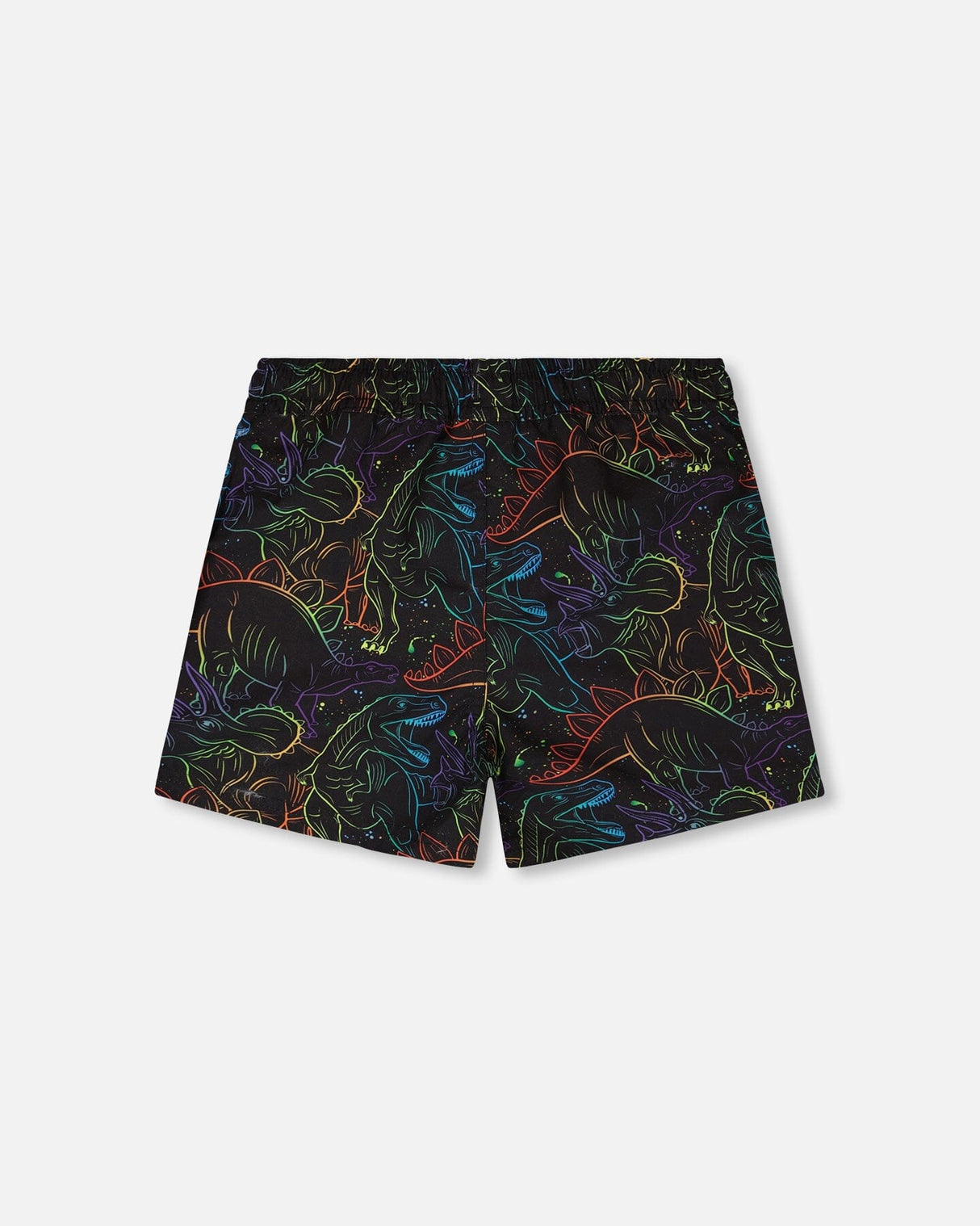 Back view of black dinosaur print swim trunks for boys