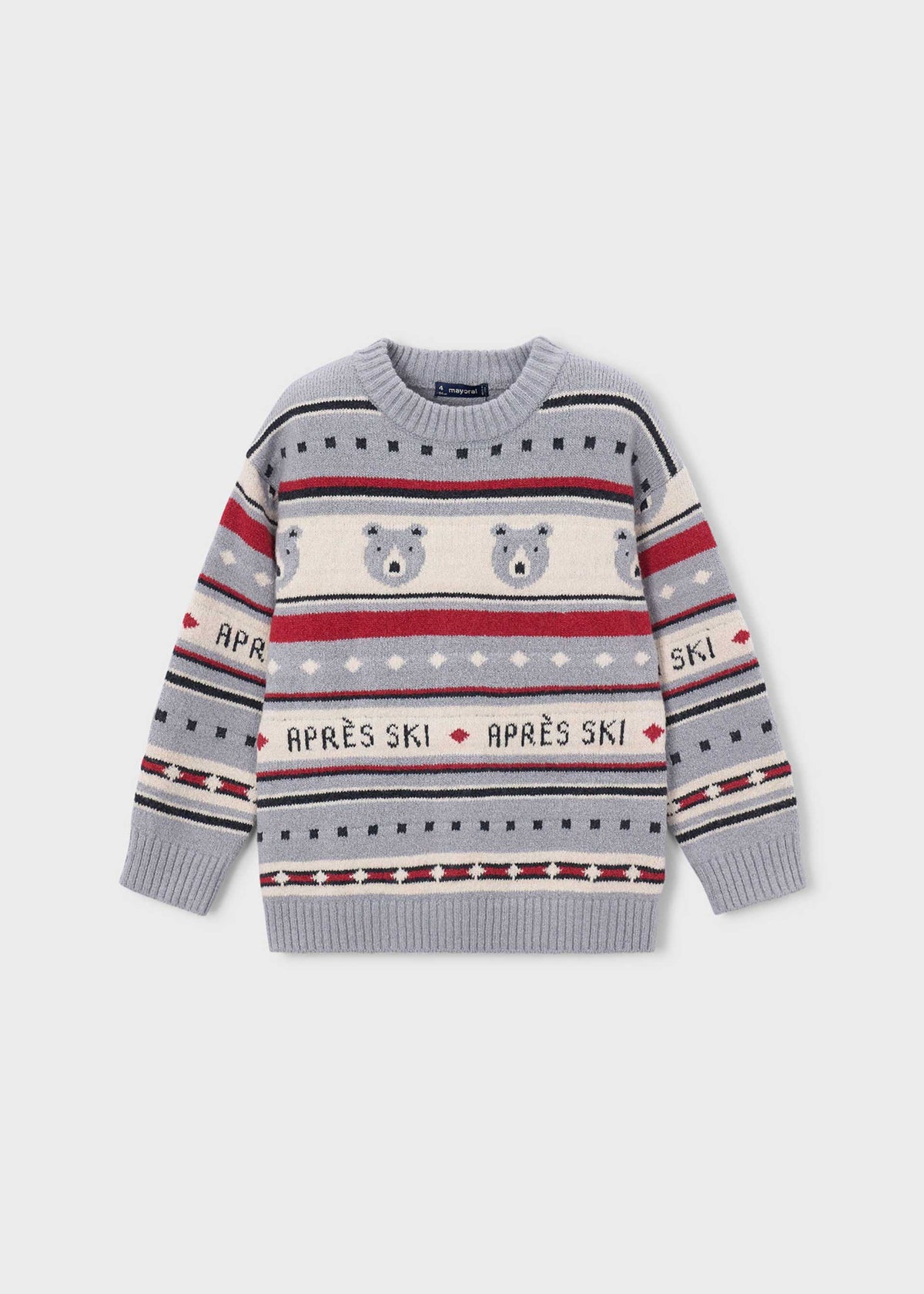 Front view of gray boys jacquard sweater with polar bears and Après Ski pattern