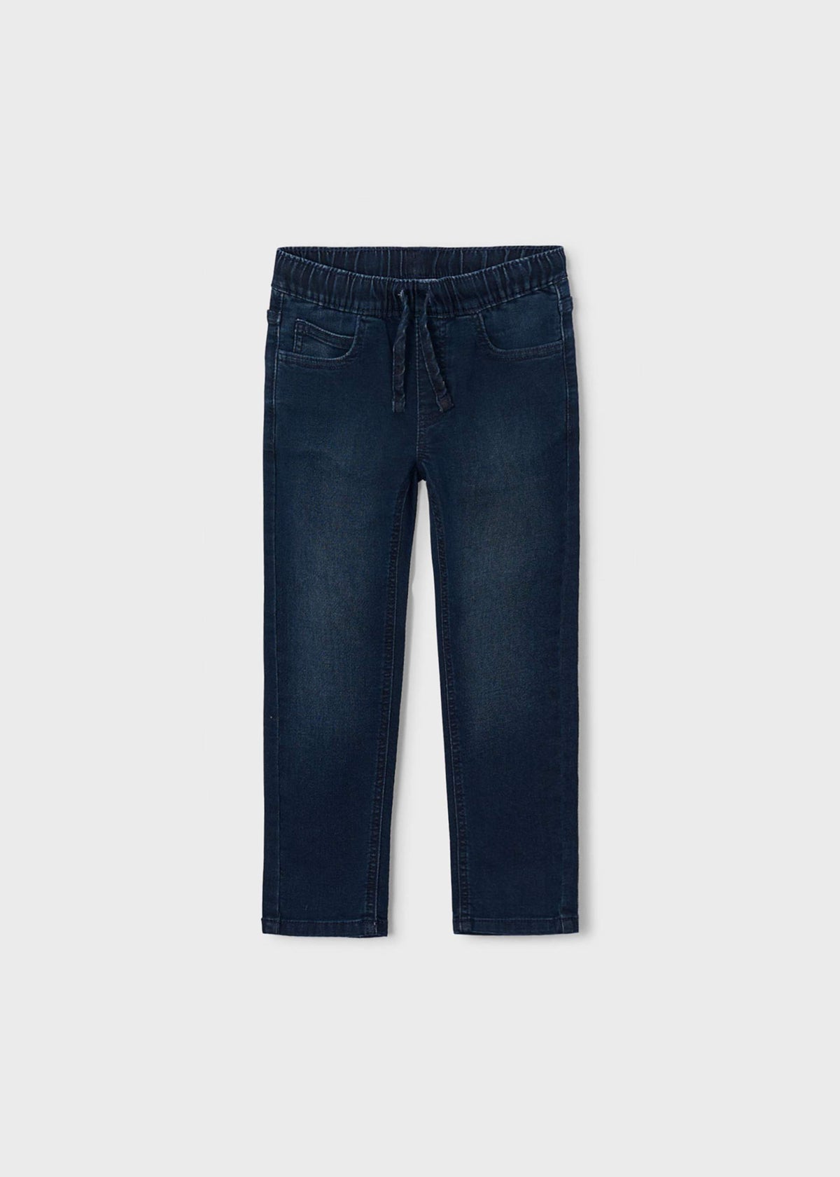 Front view of boys dark blue pull-on jeans with drawstring waist