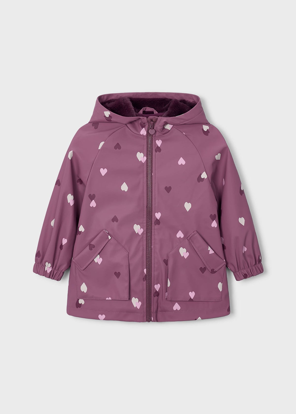Front view of mauve girls hooded raincoat with heart print