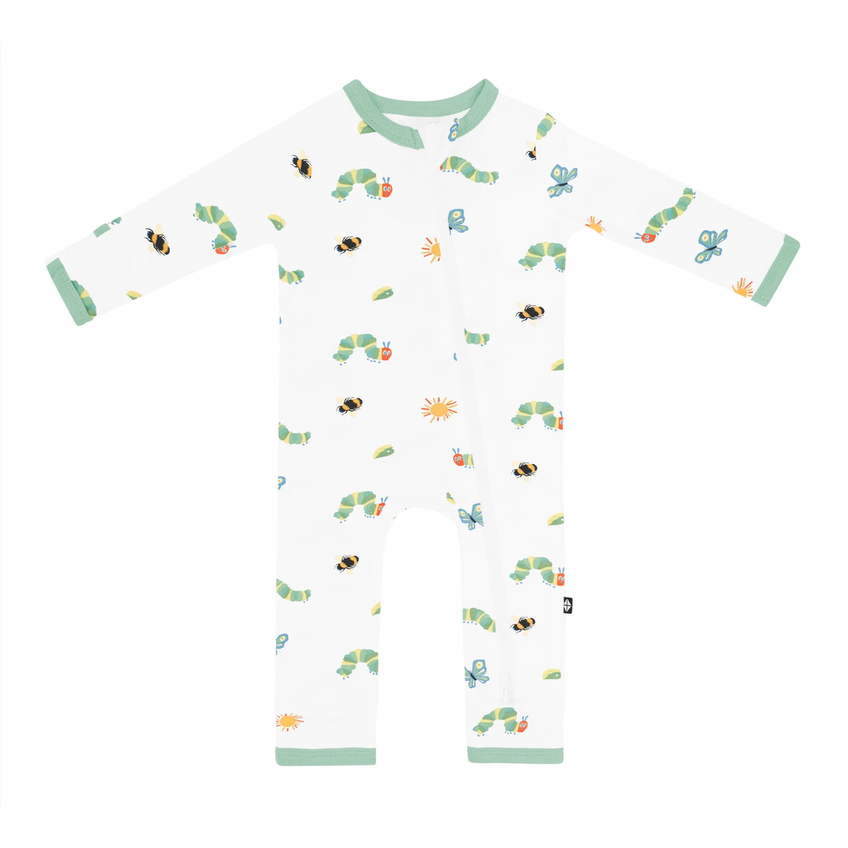Flat lay of Kyte Baby zippered bamboo romper with long sleeves and green trim