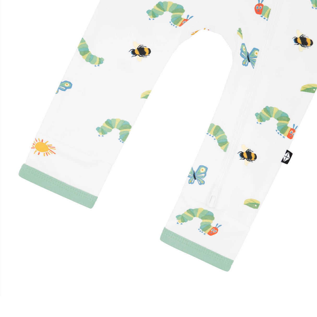 Detail view of Kyte Baby Caterpillar romper sleeve and soft bamboo fabric