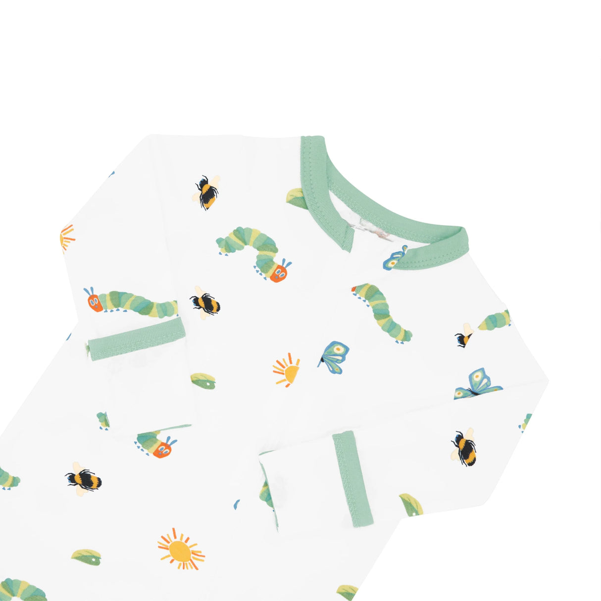 Close-up of Kyte Baby bamboo romper zipper and Caterpillar print detail