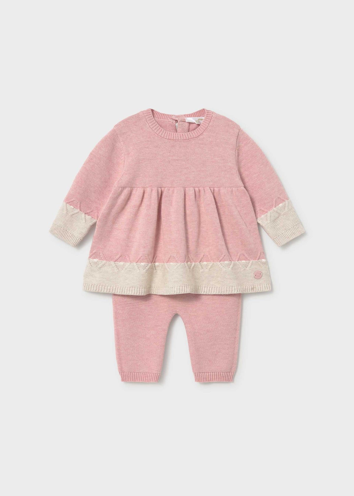 Mayoral newborn baby girl dress with leggings set in soft Pink and Cream 100% cotton.