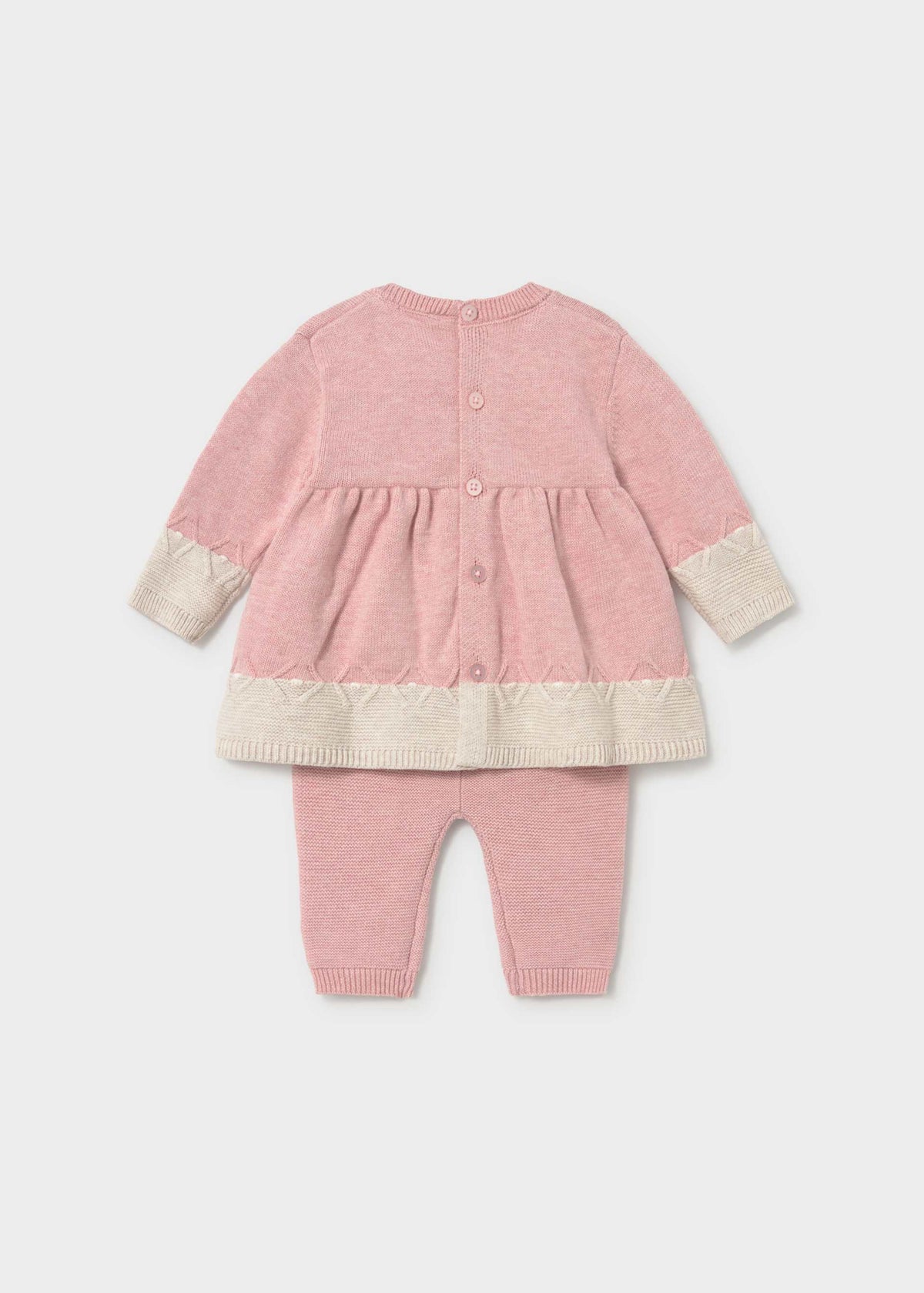 Back view of Mayoral baby girl Pink dress and leggings set with Cream trim details.
