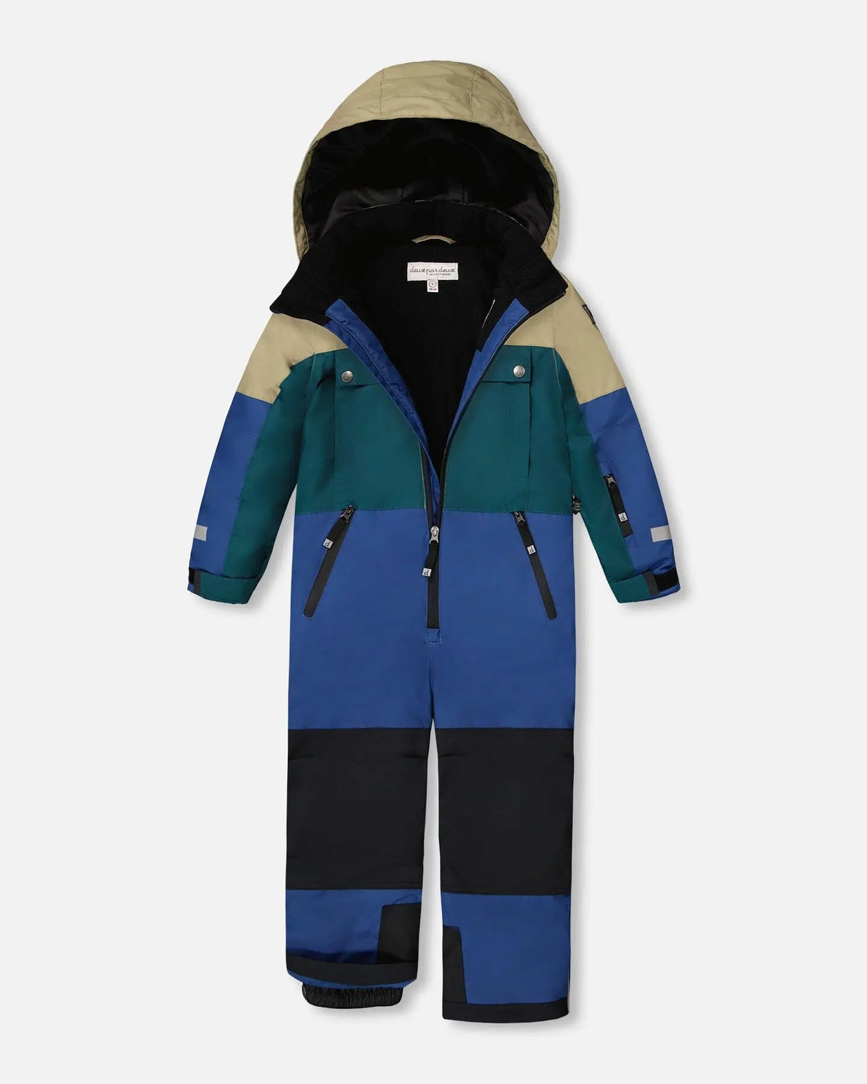 one-piece Teknik snowsuit with detachable helmet-friendly hood