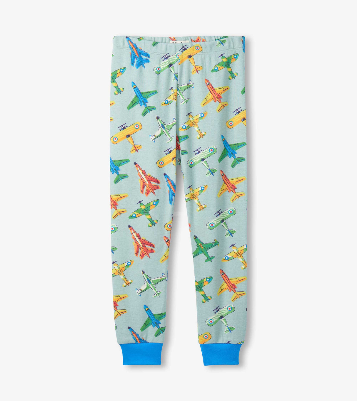 Matching cotton pajama pants with all-over aircraft print and Blue ankle cuffs.
