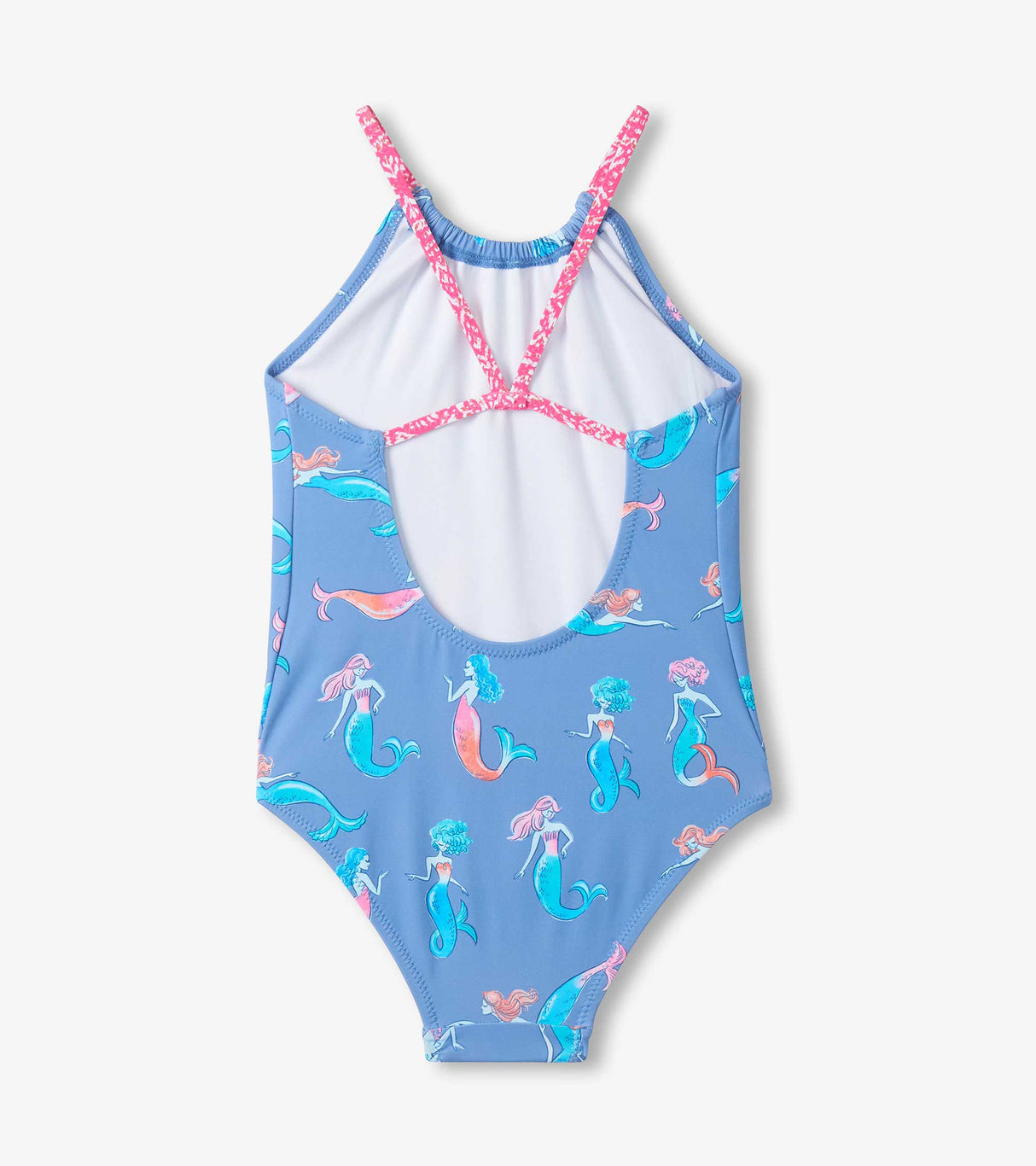Back view of girls mermaid swimsuit showing scoop back and patterned crisscross-style shoulder straps.