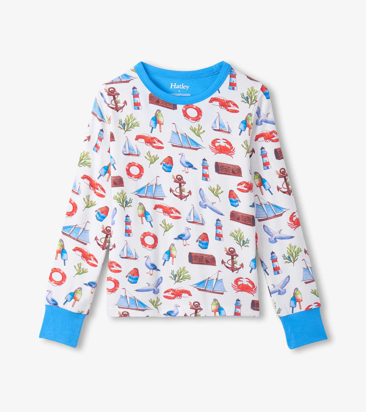 Hatley boys long sleeve bamboo pajama top with nautical seascape print and bright blue cuffs.