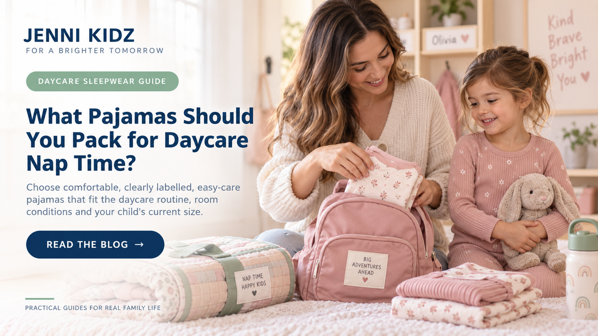 Mother and child packing folded pajamas into a backpack beside a nap mat, with a daycare nap-time sleepwear guide.