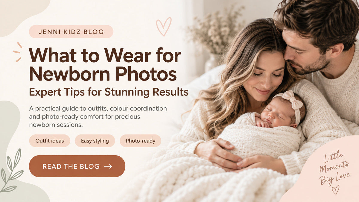 Parents cradling a newborn in a cream wrap, beside a guide to choosing outfits for newborn photos.
