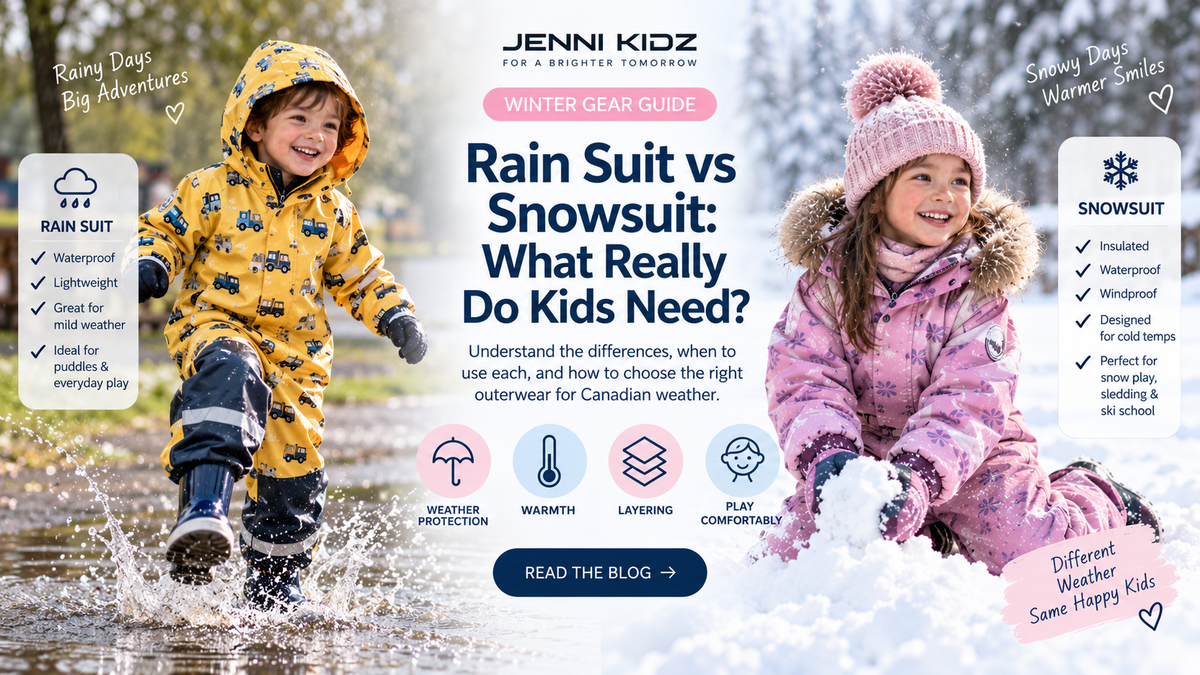 Kids comparing a rain suit and snowsuit for slush and shoulder-season weather