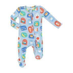 Angel Dear Breakfast Club Patches Blue bamboo two-way zipper footie for baby boys, image 1