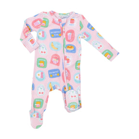 Angel Dear Breakfast Club Patches Pink bamboo two-way zipper footie for baby girls, image 1