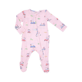 Angel Dear Golf Carts Pink bamboo ruffle-back zipper footie for baby girls - image 1