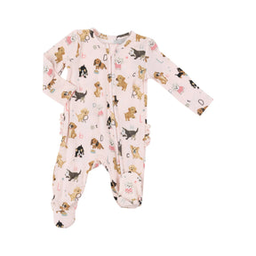 Angel Dear Puppy Alphabet Pink bamboo ruffle-back zipper footie for baby girls - image 1