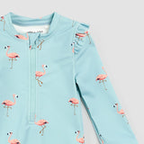 Flamingo Print on Canal Blue Long-Sleeve Swimsuit | Miles The Label