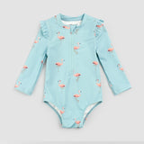 Flamingo Print on Canal Blue Long-Sleeve Swimsuit | Miles The Label