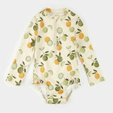 Citrus print long-sleeve one-piece swimsuit in antique white by Petit Lem, flat lay front view.