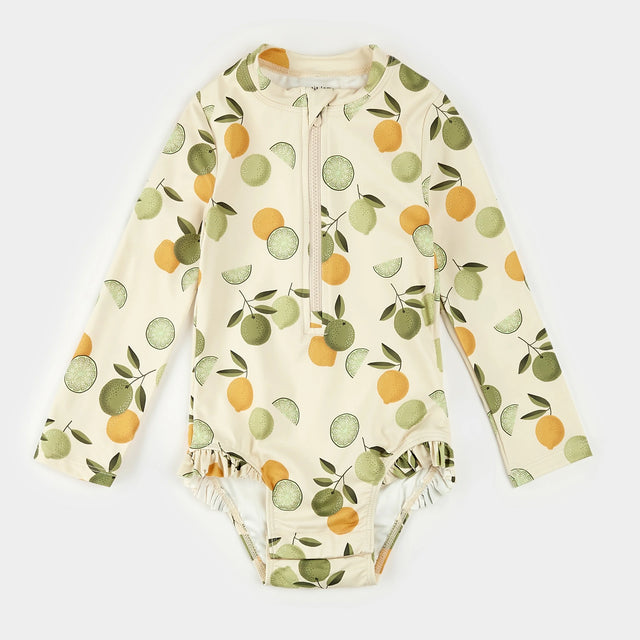 Citrus print long-sleeve one-piece swimsuit in antique white by Petit Lem, flat lay front view.