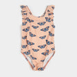 Front flat lay of Petit Lem baby girl papaya one-piece swimsuit with monarch butterfly print and ruffle straps
