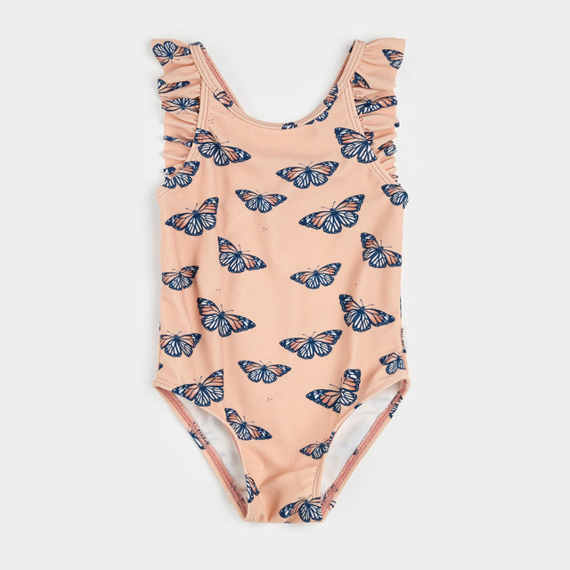 Front flat lay of Petit Lem baby girl papaya one-piece swimsuit with monarch butterfly print and ruffle straps