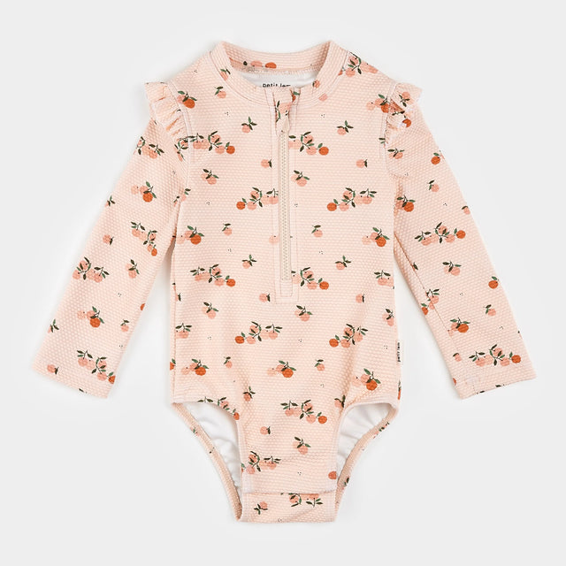 Petit Lem baby girl one-piece swimsuit orange print creme tan front view