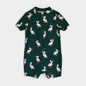 Petit Lem baby boy Deep Sky pelican-print swim romper – front view with zipper