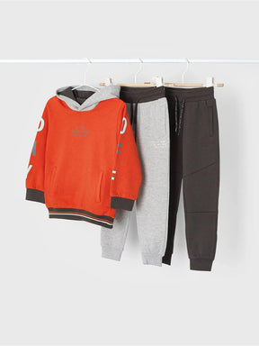Orange hoodie with grey and dark brown joggers boys three-piece set