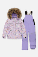 Deux par Deux DISCOVER two-piece snowsuit in purple printed cats, alternate winter product view