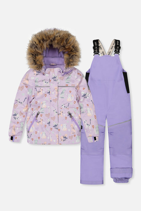 Deux par Deux DISCOVER two-piece snowsuit in purple printed cats, alternate winter product view