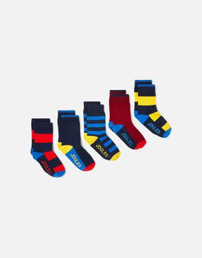 Joules Brill Navy Colourblock Stripe Socks 5-Pack: five pairs in red, navy, blue and yellow designs