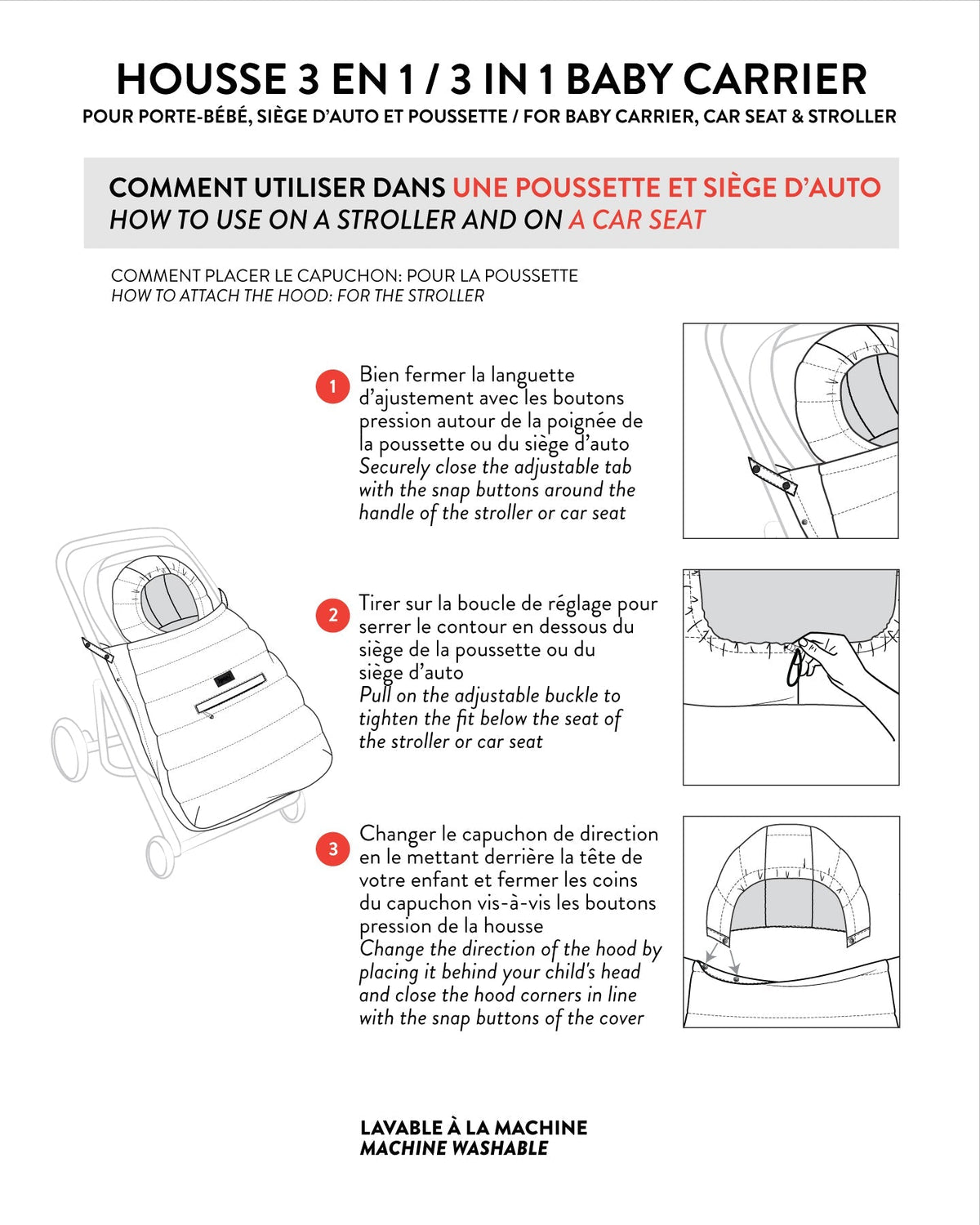 Instruction sheet: how to use the 3-in-1 cover on a stroller or car seat