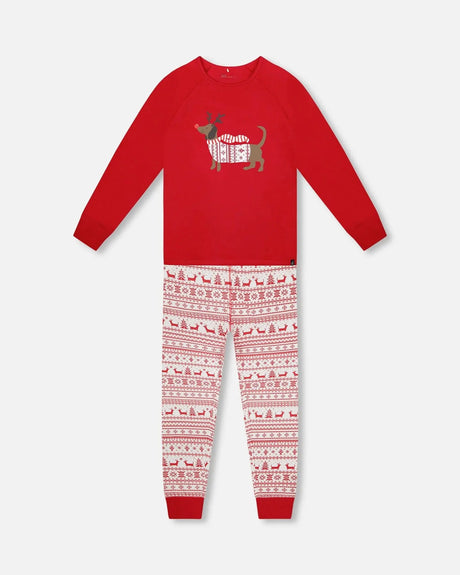Adult Women Organic Cotton Two-Piece Pajamas Red And White Fairisle | Deux par Deux | Jenni Kidz
