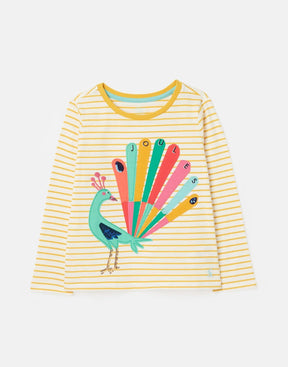 Joules Ava girls' cream and yellow striped long-sleeve T-shirt with colorful peacock applique