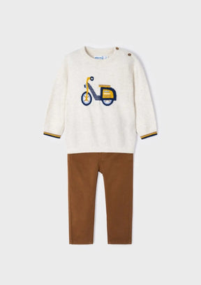 Cream scooter knit sweater and brown pants baby boys set