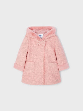 Front view of blush-pink Mayoral baby girl hooded borg coat with pockets