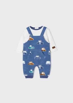 Front view of blue baby boys car-print romper