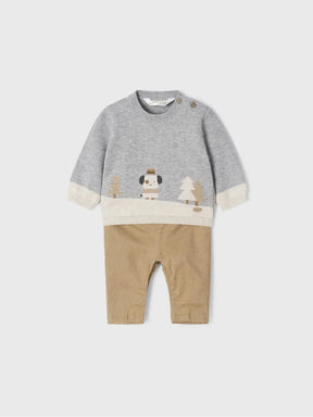 Front view of grey Mayoral baby sweater with woodland motif and tan trousers