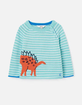 Joules Winnie Teal Stripe Orange Dinosaur Sweater: front view of striped baby jumper with orange dinosaur