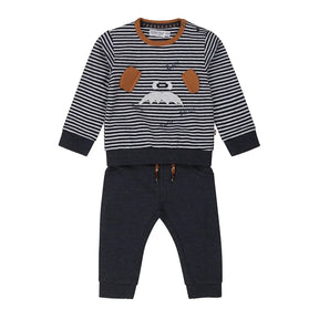 Dirkje baby boys' navy striped character top and matching joggers, front view