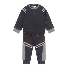 Dirkje baby boys' navy sweatshirt and joggers set with grey, rust and green sport stripes, front view
