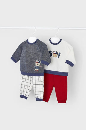 Mayoral baby boy four-piece set with two tops, red pants and checked pants