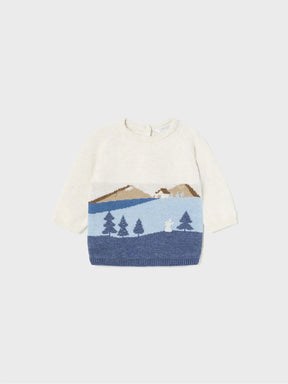 Front view of cream baby boys sweater with blue landscape pattern
