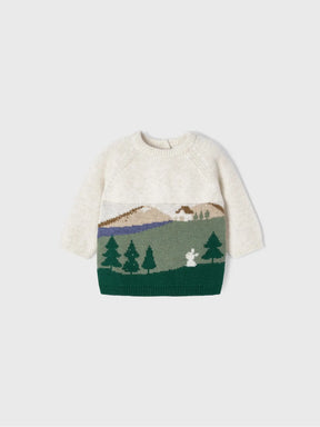 Front view of cream baby boys sweater with green landscape pattern
