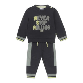 Dirkje baby boys' graphite blue sweatshirt and joggers set with green panels, front view