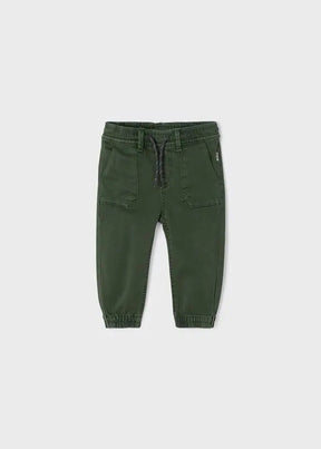 Front view of Hiedra-green Mayoral baby boy twill joggers with drawstring waist