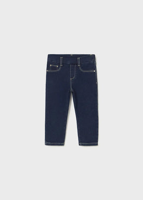 Mayoral baby girl Dark Denim skinny jeans with adjustable waist, stretch fit, and clean denim wash.