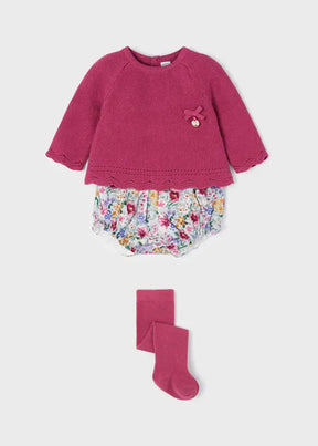 Front view of fuchsia sweater floral bloomers and matching tights set
