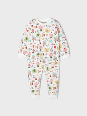 Front view of cream Mayoral baby girl pajama set with colourful animal print